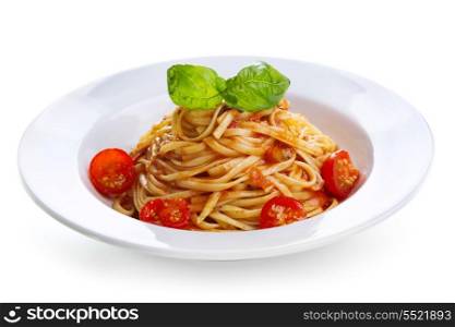 pasta with tomato sauce and green basil on white background