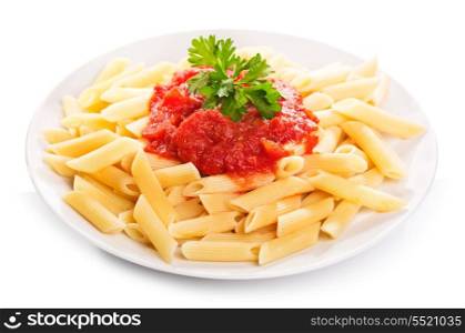 Pasta with tomato sauce on white background