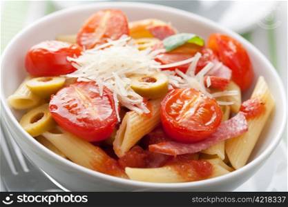 pasta with tomatoes and salami
