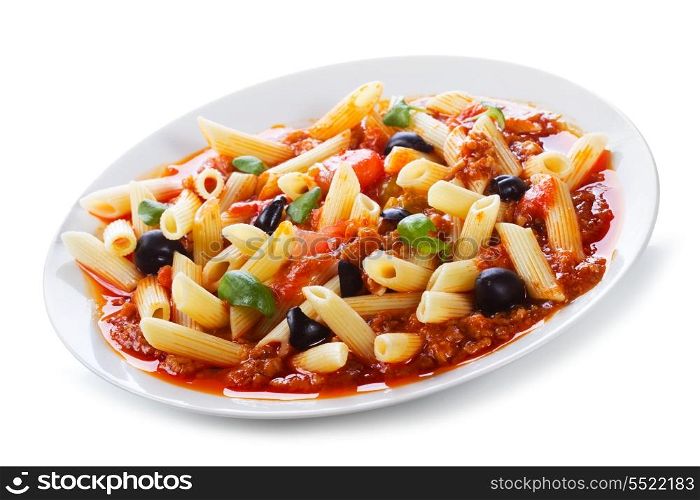pasta withmeat and vegetables on white background
