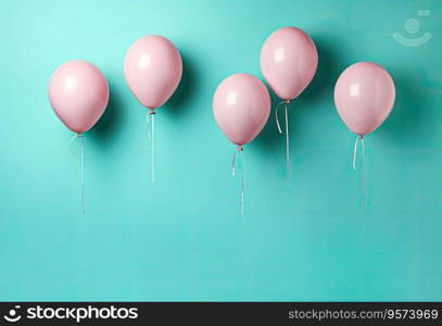 Pastel balloons on green background. Birthday party or celebration background.
