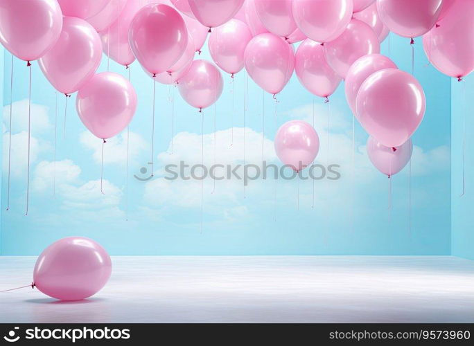 Pastel balloons on sky background. Birthday party or celebration background.