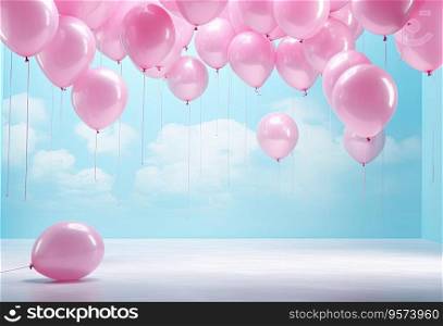 Pastel balloons on sky background. Birthday party or celebration background.