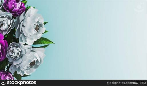 Pastel blue floral background with white and purple peonies on side. Floral background concept. Spring time concept. Invitation, greeting card. Mockup. 3d rendering