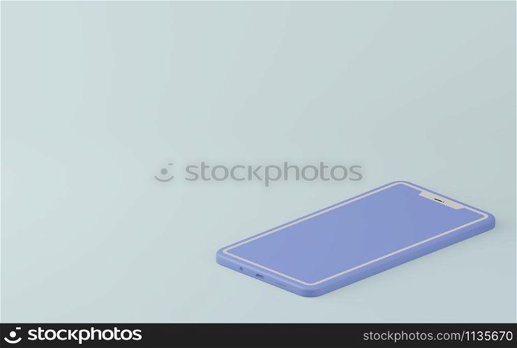 Pastel blue monochrome color. Concept of modern smartphone in 3d render illustration. Fashion and trendy mockup Empty space for design presentation.