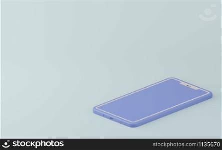 Pastel blue monochrome color. Concept of modern smartphone in 3d render illustration. Fashion and trendy mockup Empty space for design presentation.