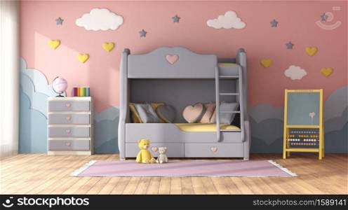 Pastel color children room with bunk bed,decor objects on blue wall ,chest of drawer and blackboard - 3d rendering. Colorful children room with bunk bed