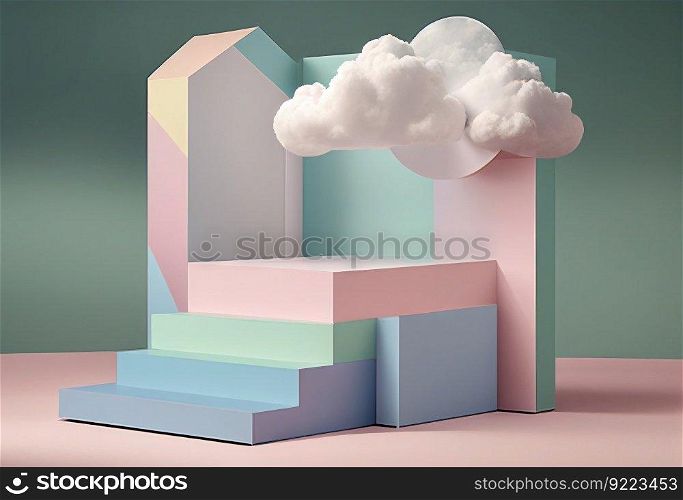 Pastel color platform, podium stage with cloud illustration. AI generative.