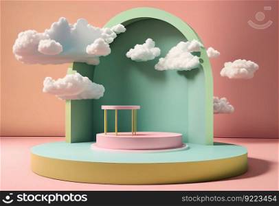 Pastel color platform, podium stage with cloud illustration. AI generative.