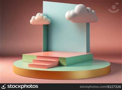 Pastel color platform, podium stage with cloud illustration. AI  generative.