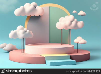 Pastel color platform, podium stage with cloud illustration. AI generative.