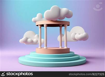 Pastel color platform, podium stage with cloud illustration. AI is generative.