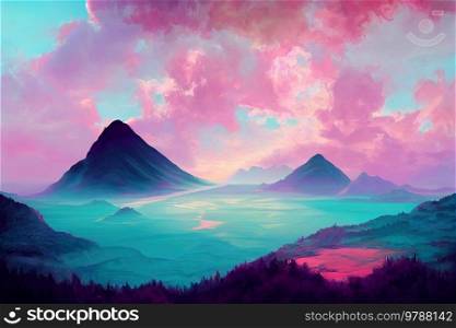 Pastel colored abstract landscape, fantasy background with mountines’s lake, web banner format. Pastel colored landscape