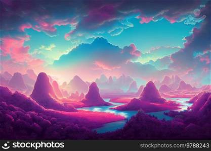 Pastel colored abstract landscape, mountines and lake, fantasy background. Pastel colored landscape