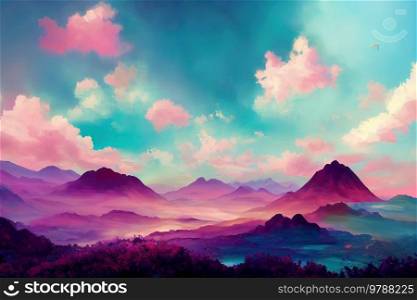 Pastel colored abstract landscape, sunset over mountines, fantasy background, web banner format. Pastel colored landscape