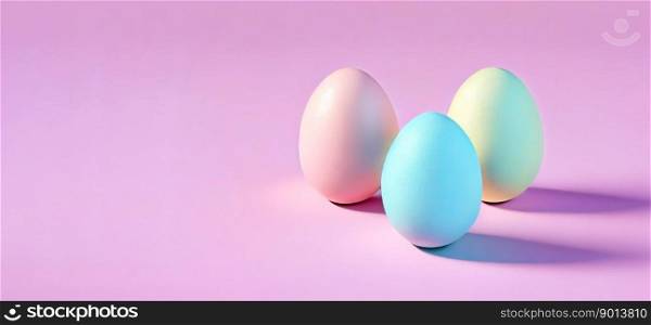 pastel colored easter eggs on pink background with copy space. pastel colored easter eggs on pink background with copyspace - generative ai