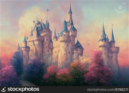 Pastel colored fary tale castle at spring, fantasy background. Pastel colored landscape