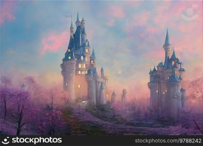 Pastel colored fary tale castle at spring, fantasy background. Pastel colored landscape