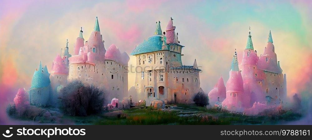 Pastel colored fary tale castle at spring, fantasy background, web banner or header. Pastel colored landscape