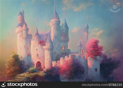 Pastel colored fary tale castle, fantasy background. Pastel colored landscape