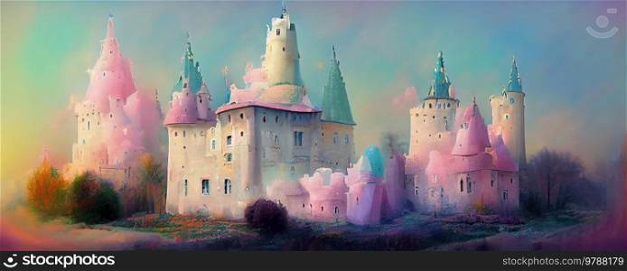 Pastel colored fary tale castle, fantasy background, web banner or header. Pastel colored landscape