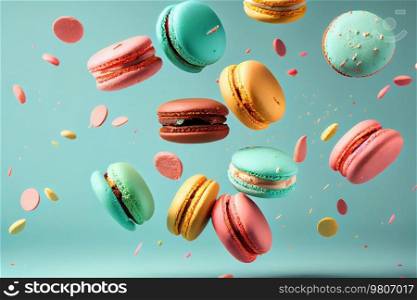 Pastel colored macarons in motion falling on light pink. Illustration AI Generative.