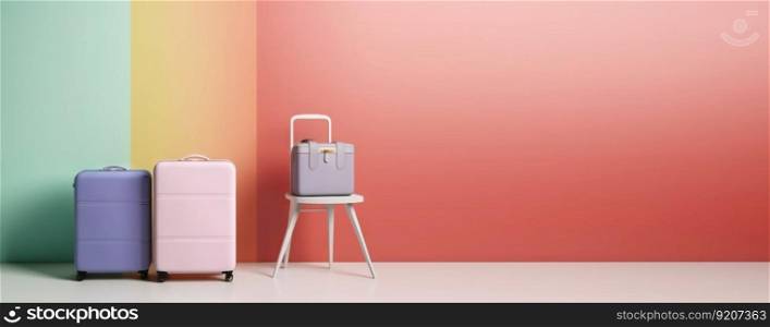 Pastel colored scene with travel suitcases, on uniform background. Trip concept. Generative AI.. Pastel colored scene with travel suitcases, on uniform background. Trip concept. Generative AI