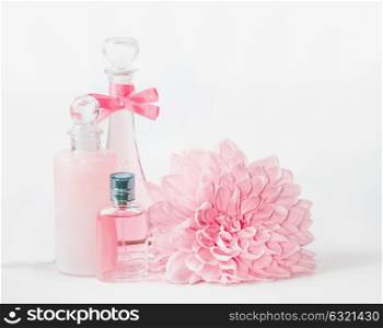 Pastel pink cosmetic mock up bottles product setting with flower on white background, front view. Layout for skin care, wellness or spa and beauty concept