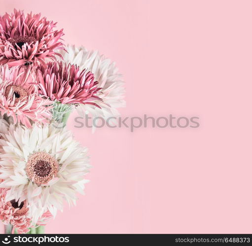 Pastel pink floral background with aster, Gerbera and daisies flowers bunch