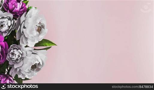 Pastel pink floral background with white and purple peonies on side. Floral background concept. Spring time concept. Invitation, greeting card. Mockup. 3d rendering