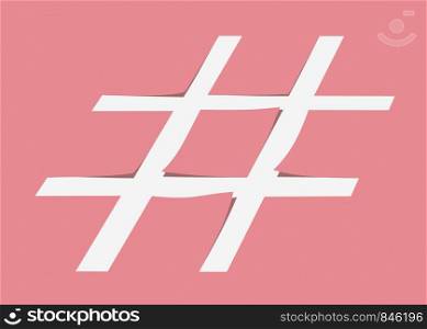 Pastel pink paper background with cut out hashtag sigh. Layout for your design.. White hashtag symbol cut from pastel pink paper as a background.