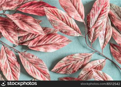 Pastel pink white leaves pattern on pastel blue background , top view, flat lay. Nature concept