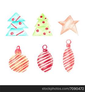 Pastel set with Christmas trees and toys. A collection of 3 Christmas tree decorations with diagonal stripes, one star and two Christmas trees. Isolated holiday objects.. Pastel set with Christmas trees and toys.