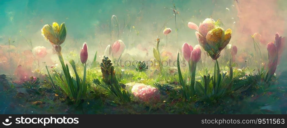 Pastel watercolor spring landscape with flowers. Generative AI design. Pastel watercolor spring landscape with flowers. Generative AI