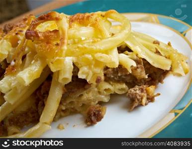 Pastitsio - a Greek and Mediterranean baked pasta dish including ground beef and bechamel sauce
