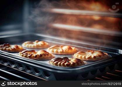 pastries baked in oven on baking tray on blurry background, created with generative ai. pastries baked in oven on baking tray on blurry background