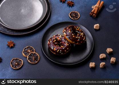 Pastries concept. Donuts with chocolate glaze with sprink≤s, on a dark concrete tab≤. Sweet food for a breakfast. Pastries concept. Donuts with chocolate glaze with sprink≤s, on a dark concrete tab≤