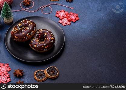 Pastries concept. Donuts with chocolate glaze with sprinkles, on a dark concrete table. Sweet food for a breakfast. Pastries concept. Donuts with chocolate glaze with sprinkles, on a dark concrete table