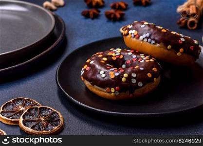 Pastries concept. Donuts with chocolate glaze with sprinkles, on a dark concrete table. Sweet food for a breakfast. Pastries concept. Donuts with chocolate glaze with sprinkles, on a dark concrete table