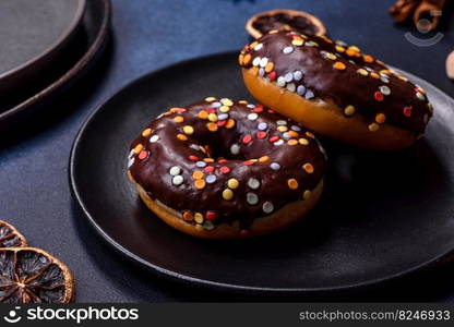 Pastries concept. Donuts with chocolate glaze with sprinkles, on a dark concrete table. Sweet food for a breakfast. Pastries concept. Donuts with chocolate glaze with sprinkles, on a dark concrete table