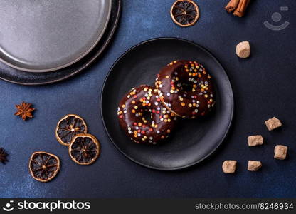 Pastries concept. Donuts with chocolate glaze with sprinkles, on a dark concrete table. Sweet food for a breakfast. Pastries concept. Donuts with chocolate glaze with sprinkles, on a dark concrete table