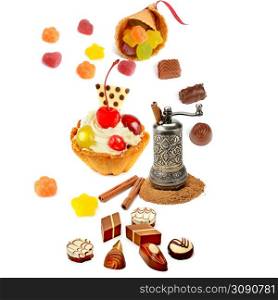 Pastries, jelly and chocolate candies isolated on white background. Collage.
