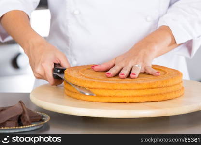 Pastry chef in the kitchen decorating a cake of chocolate