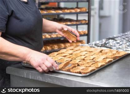 Pastry chef with a tray of freshly baked tartlets, at kitchen of pastry shop .. Pastry chef with a tray of freshly baked tartlets, at kitchen of pastry shop.
