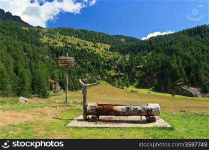 pasture and fountain in Val di Sole, Trentino, Italy