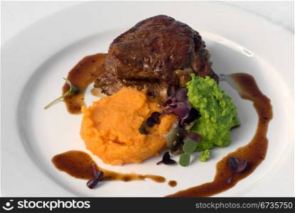Pasture-fed Sirloin Steak, with Sweet Potato Mash, Pea Puree, and a Red Wine Jus