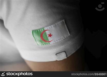 Patch of the national flag of the Algeria on a white t-shirt.. Patch of the national flag of the Algeria on a white t-shirt