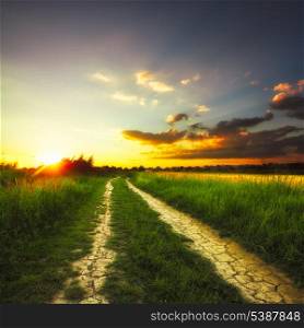 Path in the field and sunset. Rural landscape