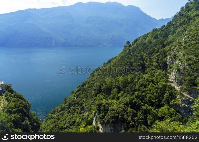 Path of Ponale, on the Garda lake, Trentino, Italy, made from the old road from the Ledro valley