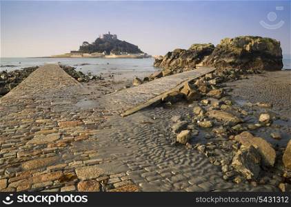 Path to St Michael&rsquo;s Mount from Marazion low tide landscape Cornwall England